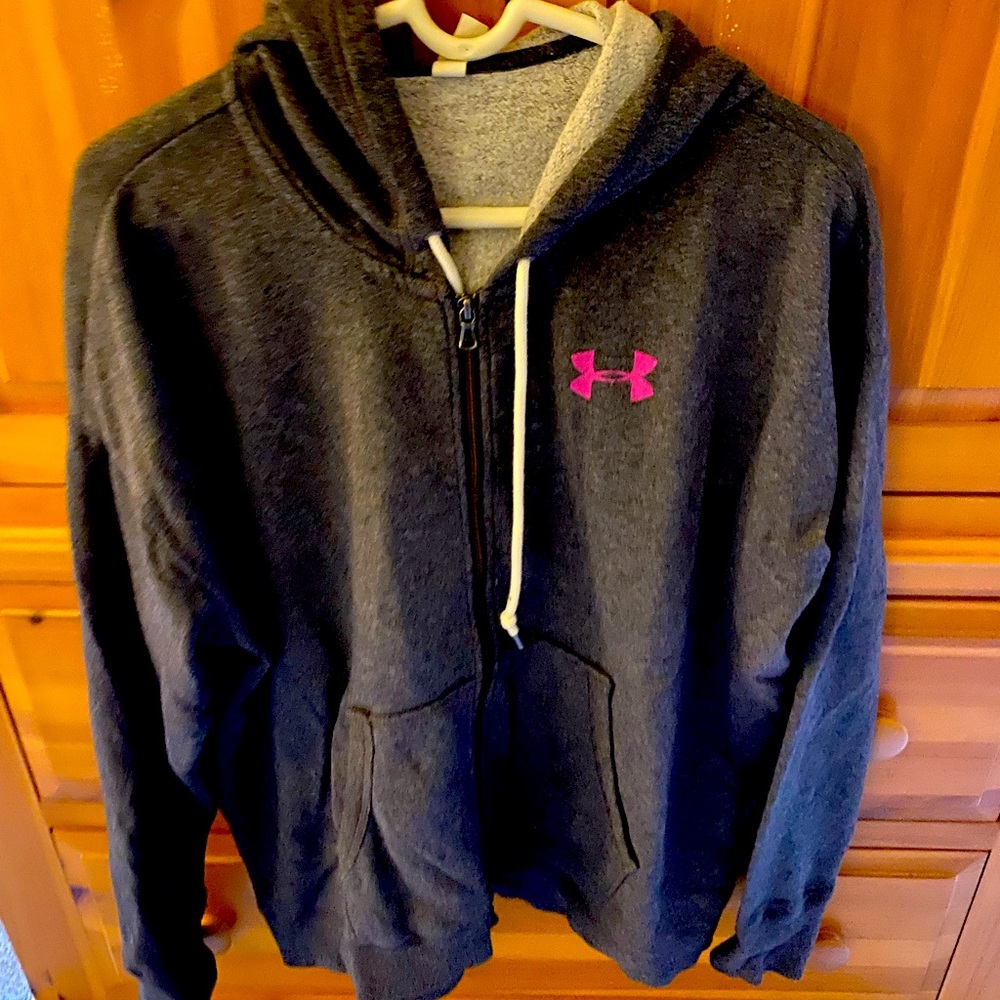 Under Armour Women's Dark Gray Hoodie with Pink Emblem